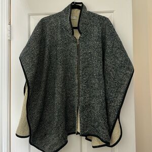 FREE PEOPLE Womens Herringbone Print Zip Textured Round Neck Poncho Blue Size OS